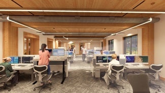 A rendering of an open office at CSHL's AIQB.